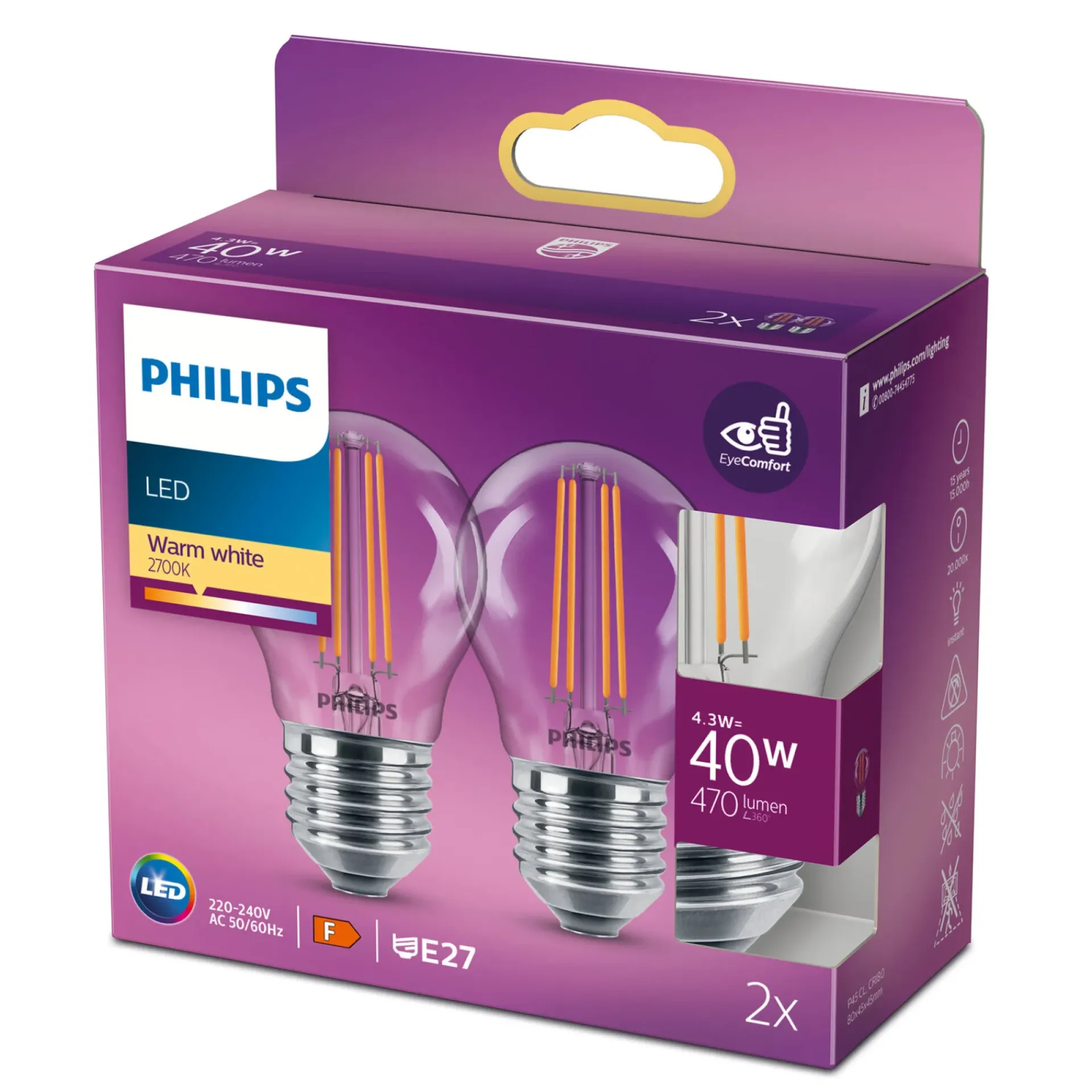 Philips 2-PAK LED PÆRE KRONE E27 4W