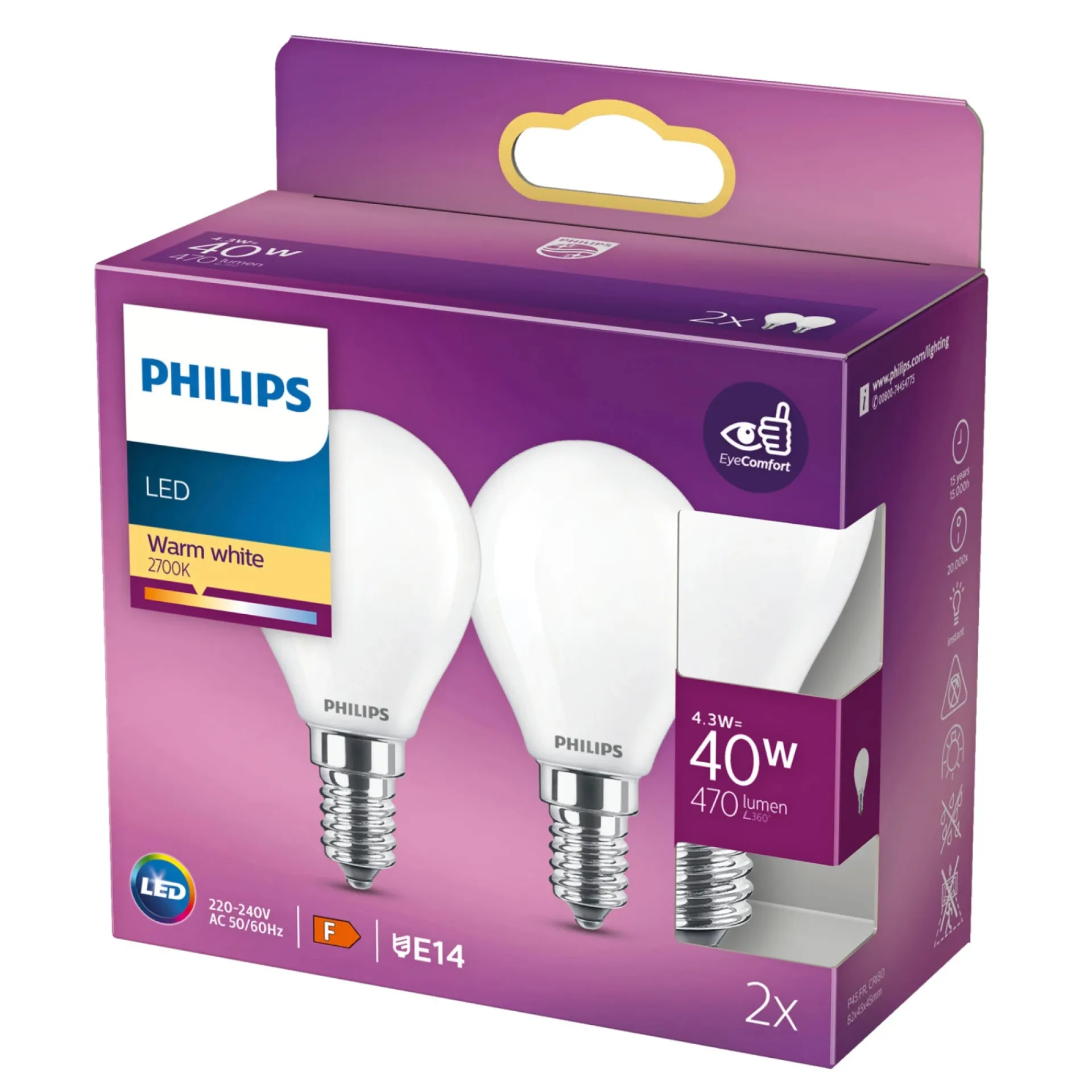Philips 2-PAK MAT LED PÆRE KRONE E14 4W