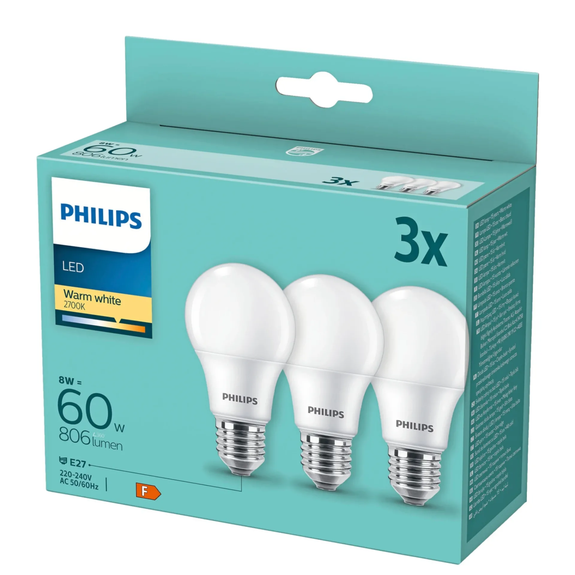 Philips 3-PAK MAT LED PÆRE STANDARD E27 8W