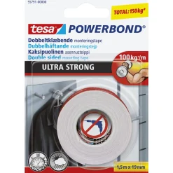 Tesa POWERBOND ULTRA STRONG DOBBELTKLÆBENDE TAPE 1,50 M X 19 MM HVID
